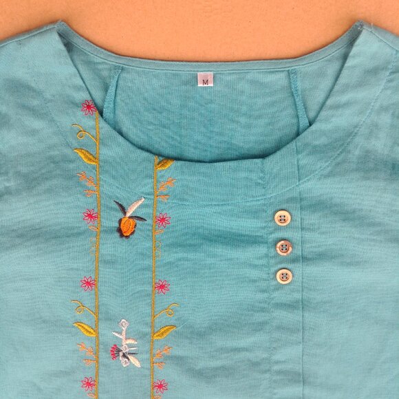 Bright blue embroidered short sleeve blouse top Medium - Picture 4 of 12